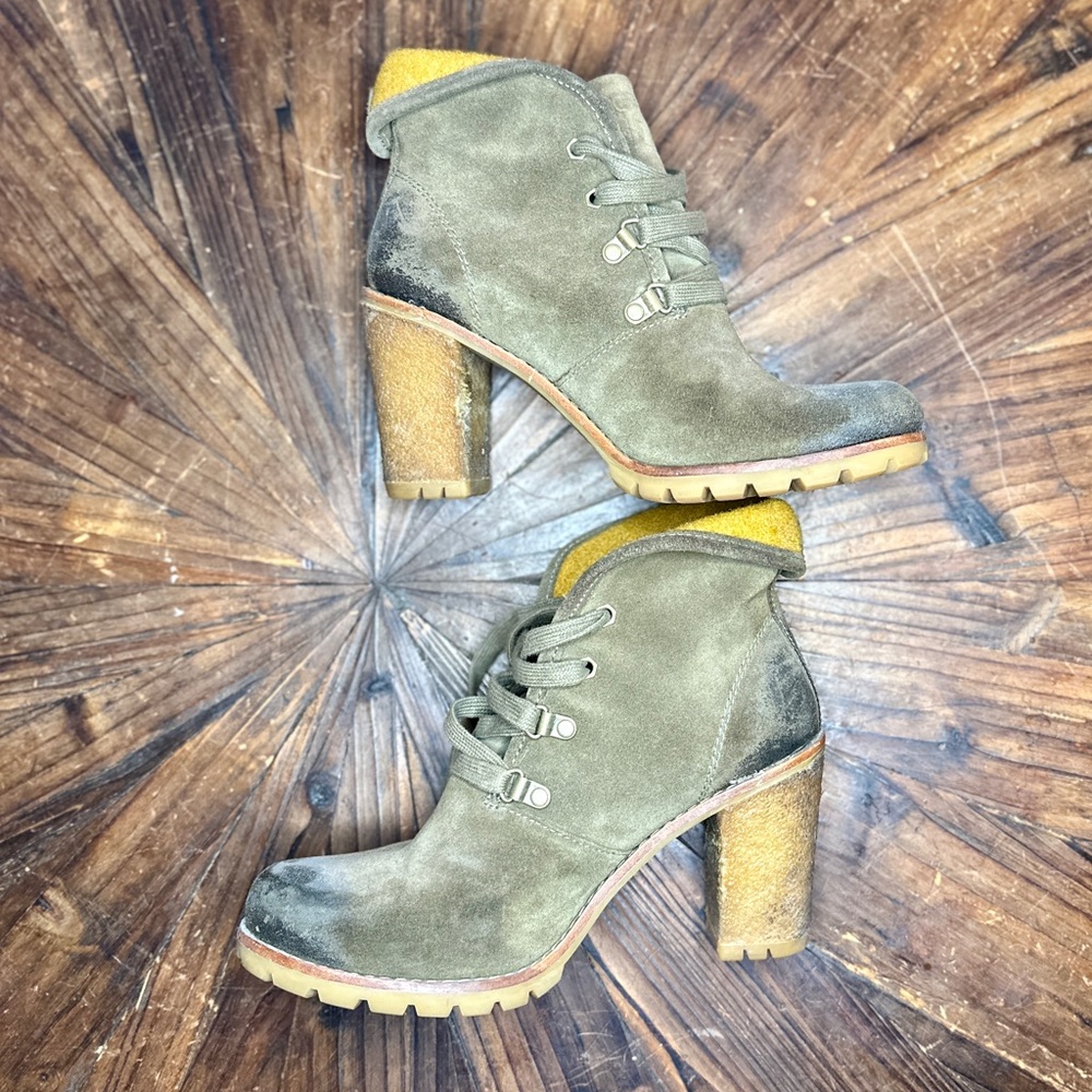 UGG genuine leather and shearling filled green heeled bootie